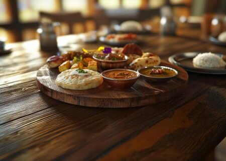 A beautifully arranged traditional Indian thali placed on a rustic wooden table. The thali includes a variety of vegetarian dishes like paneer curry, dal, rice, naan, and a small portion of sweet dessert. The photo is taken in soft, warm lighting for a realistic and inviting look.",space for text, very detailed,high resolution,high Realistic, 8k --ar 16:9 --quality 2 --v 6.1 Job ID: 0434ac07-c9a6-4997-a7b4-f2fd408dcba2