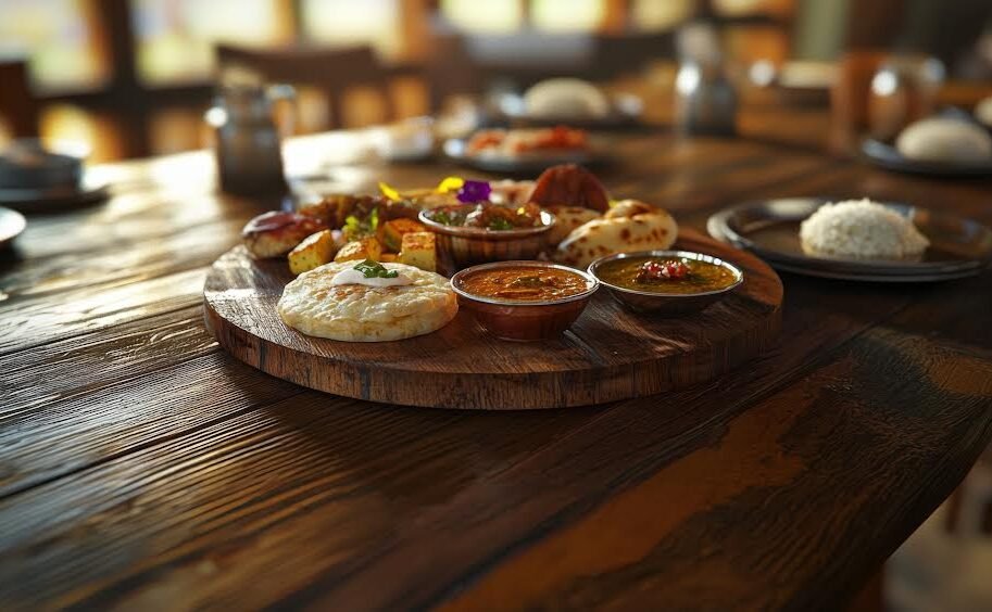 A beautifully arranged traditional Indian thali placed on a rustic wooden table. The thali includes a variety of vegetarian dishes like paneer curry, dal, rice, naan, and a small portion of sweet dessert. The photo is taken in soft, warm lighting for a realistic and inviting look.",space for text, very detailed,high resolution,high Realistic, 8k --ar 16:9 --quality 2 --v 6.1 Job ID: 0434ac07-c9a6-4997-a7b4-f2fd408dcba2